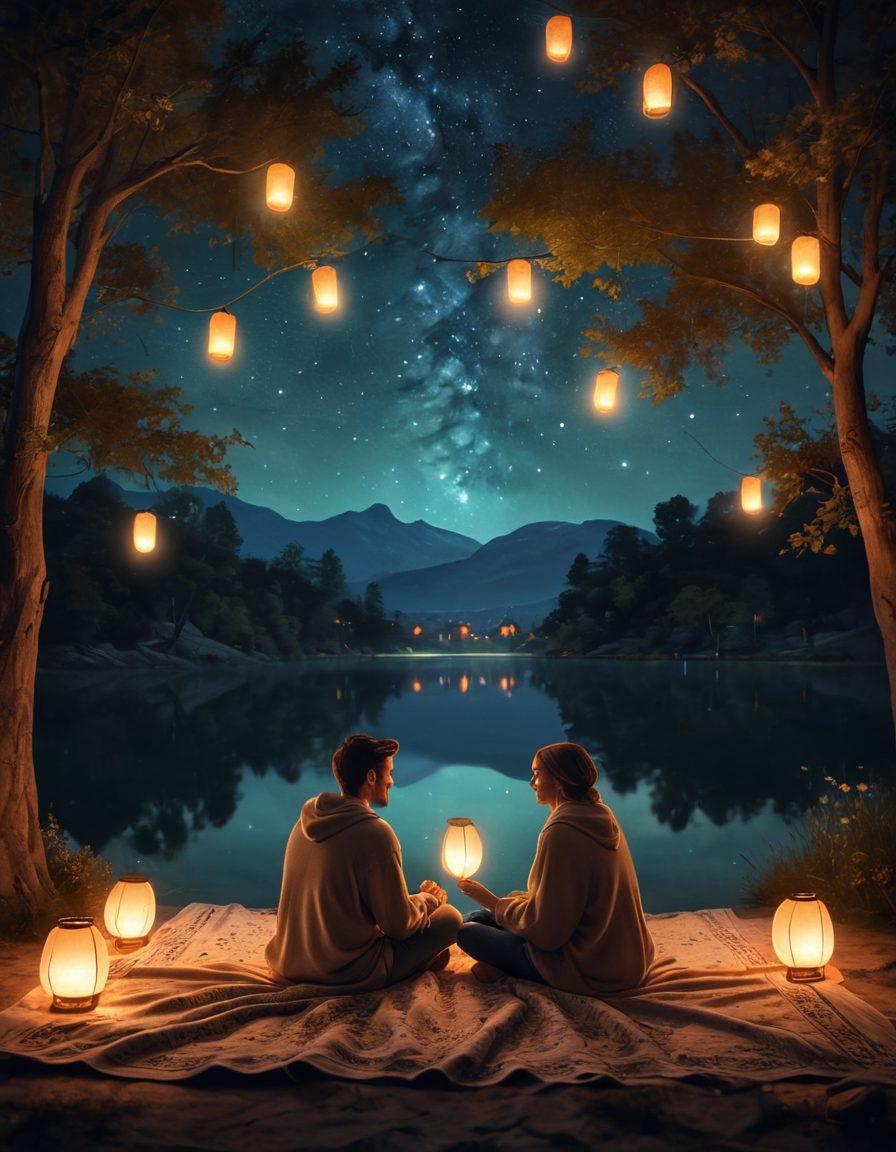 A couple sitting together on a cozy blanket under a starry night sky, surrounded by soft glowing lanterns, sharing a heartfelt conversation. Their expressions show deep affection and understanding, emphasizing warmth and connection. Include subtle hints of nature in the background like gentle trees and a calm lake, creating an intimate atmosphere. super-realistic. warm colors. nighttime setting.