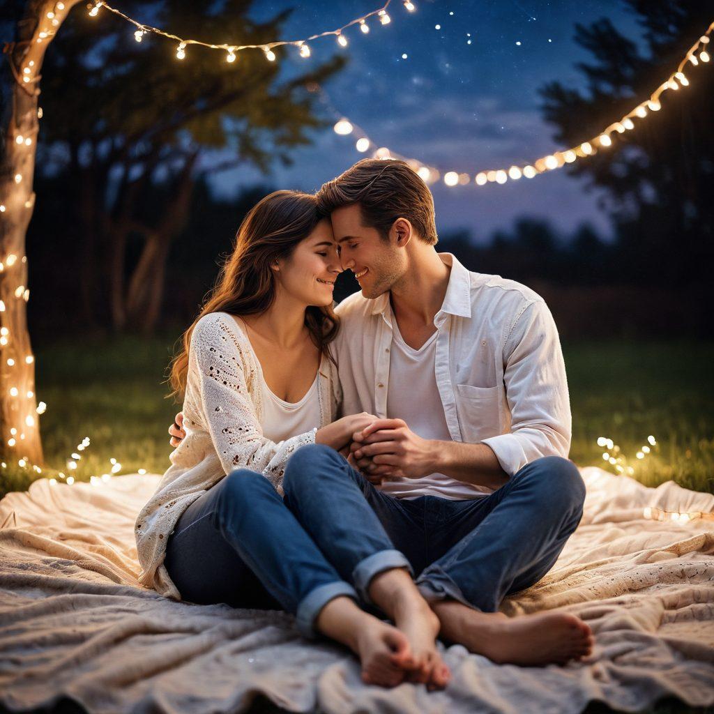 A serene and intimate couple sitting on a cozy blanket under a starlit sky, sharing a quiet moment with soft fairy lights surrounding them. Their expressions convey deep love and devotion, with gentle touches and warm smiles. The scene includes elements of nature, like blooming flowers and twinkling fireflies, enhancing the romantic atmosphere. soft focus, dreamy colors, warm light.